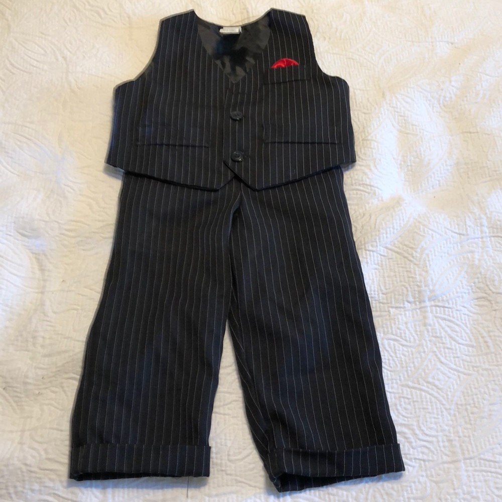 Black pinstripe pants & vest w red hanky